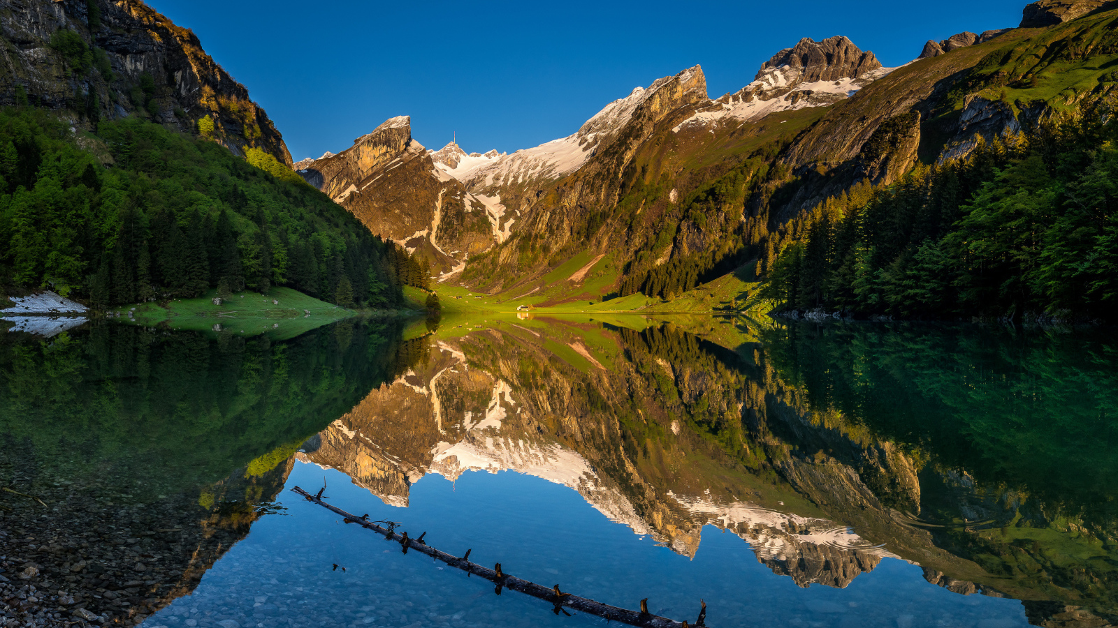 Чистая вода в озере у подножия гор, Швейцария 