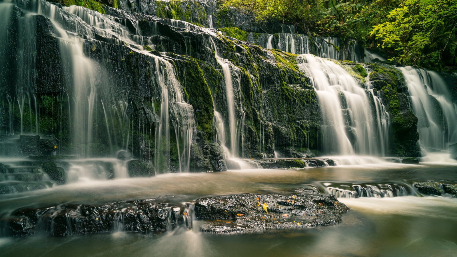Водопад в лесу стекает по покрытым мхом камням 