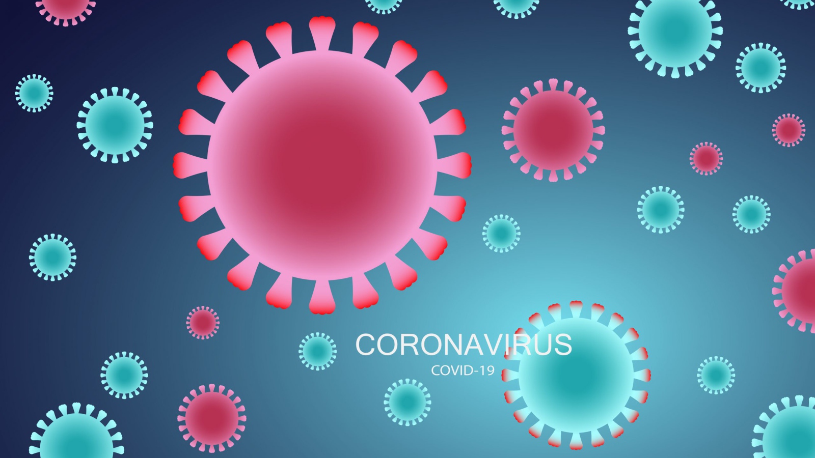 Много бактерий коронавирус covid-19 на голубом фоне