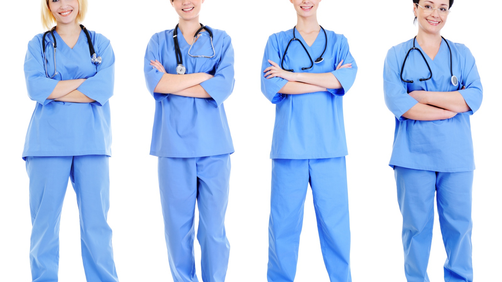 Team of doctors in uniform on white background
