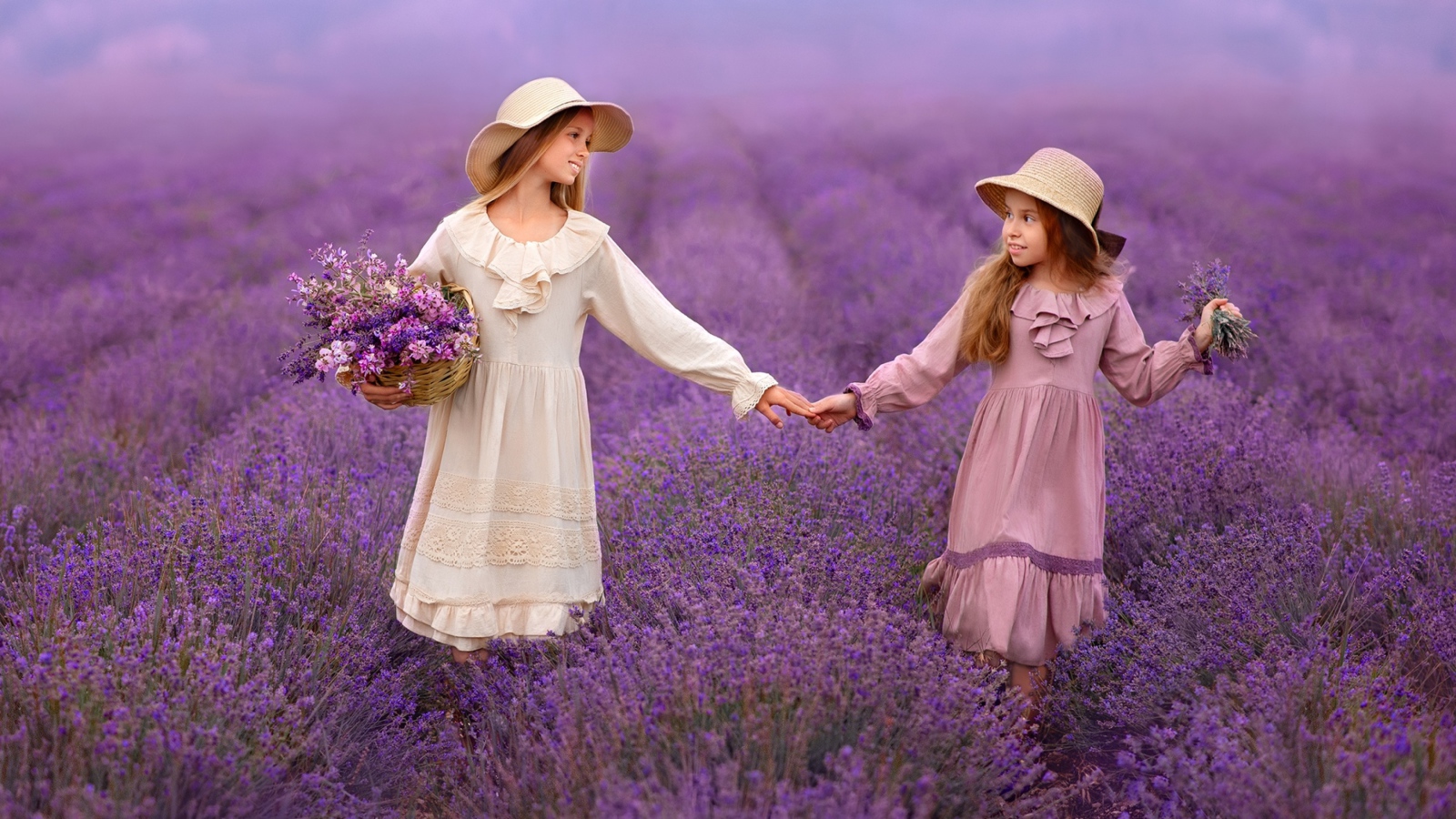 Две маленькие девочки идут по лавандовому полю 