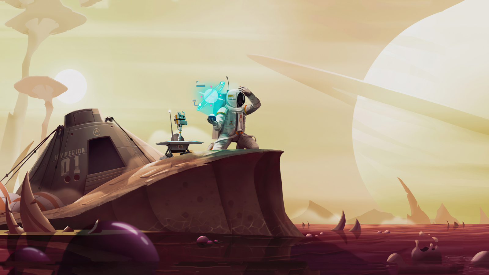 Астронавт с роботом на неизвестной планете в космосе 