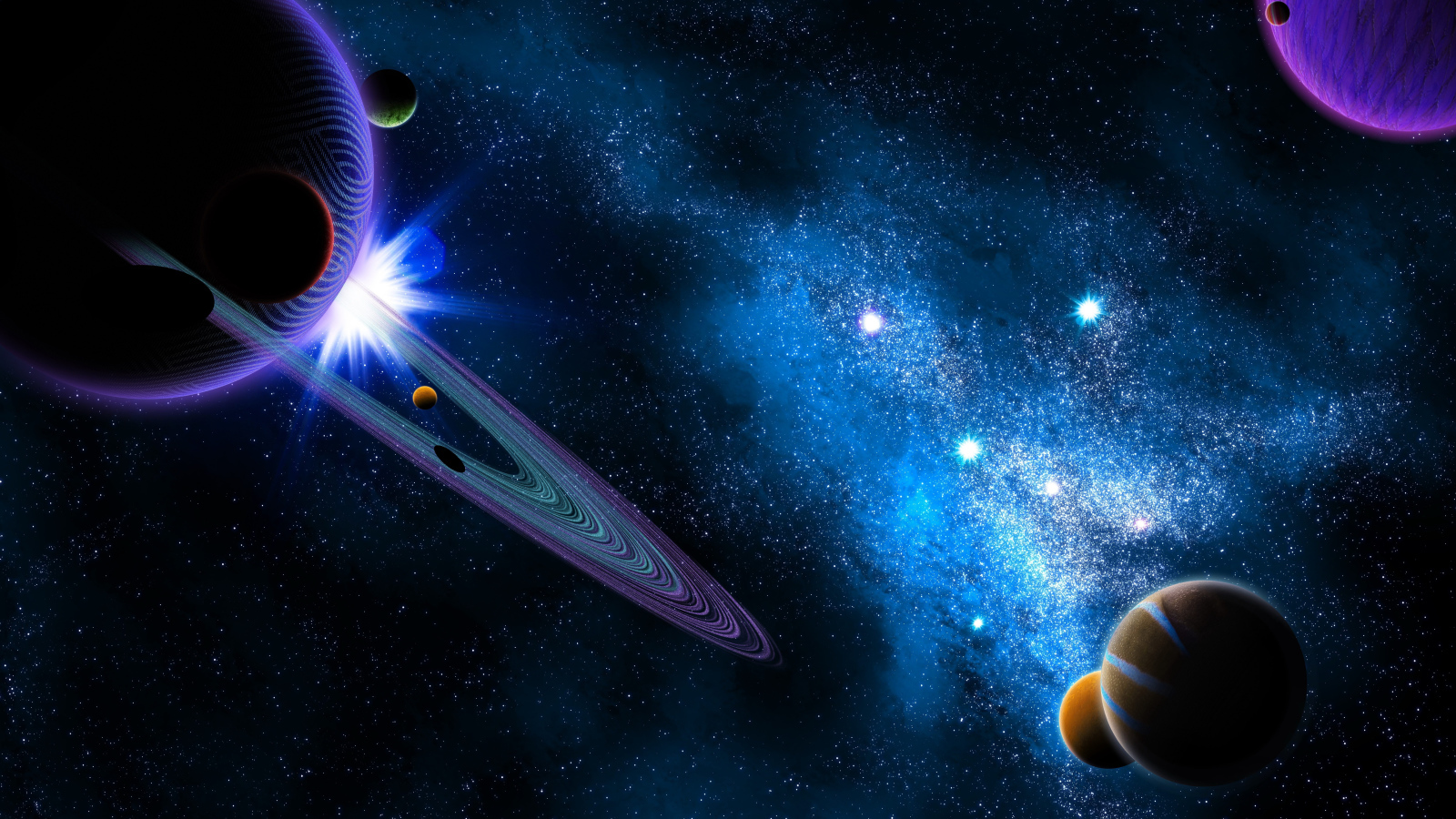 Planets of the solar system in space with the Milky Way