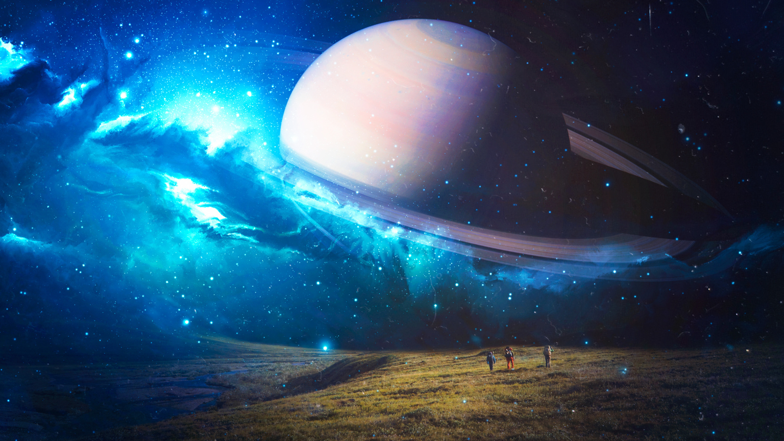 Большая планета Сатурн в неоновом небе над землей 