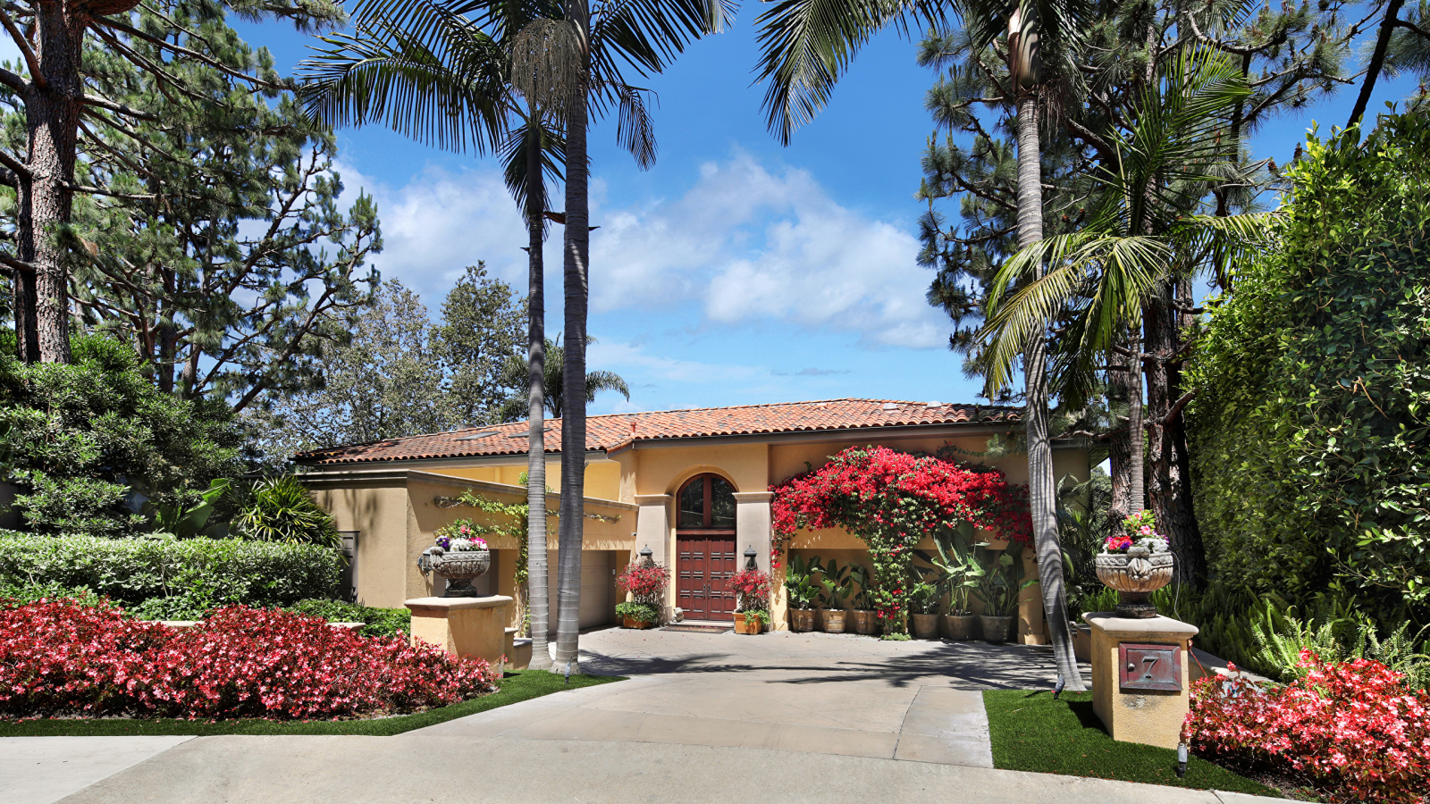 Дом на улице с цветущими кустами и пальмами