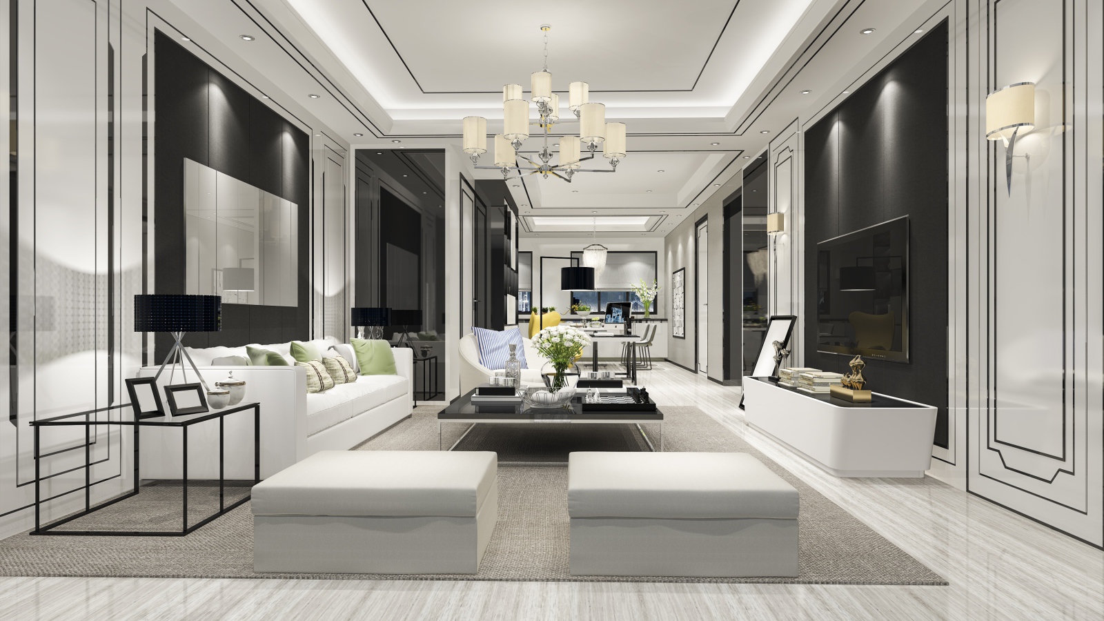 Большая просторная гостиная комната с белой кожаной мебелью