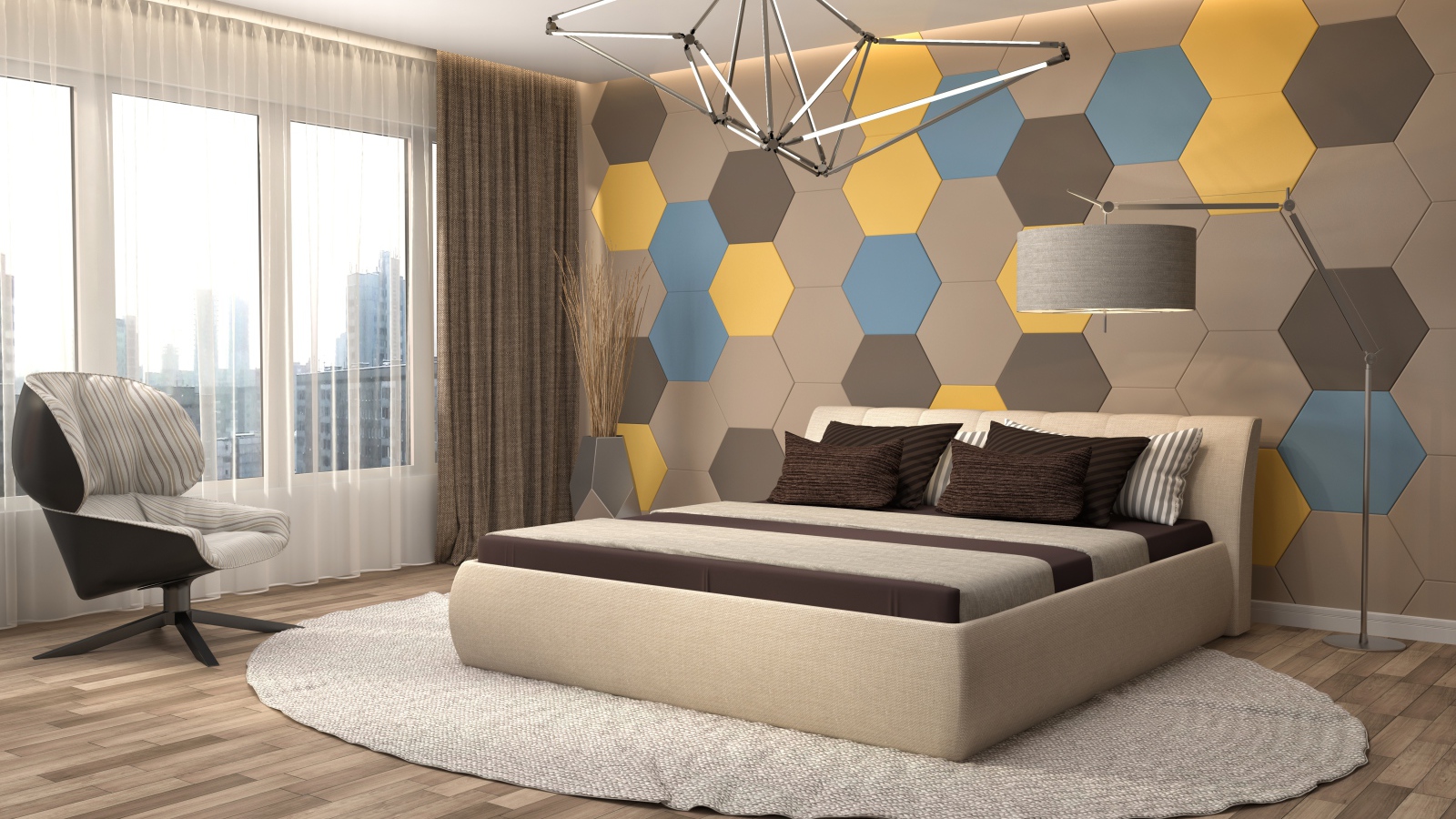 Спальная комната в стиле минимализм с большой кроватью 