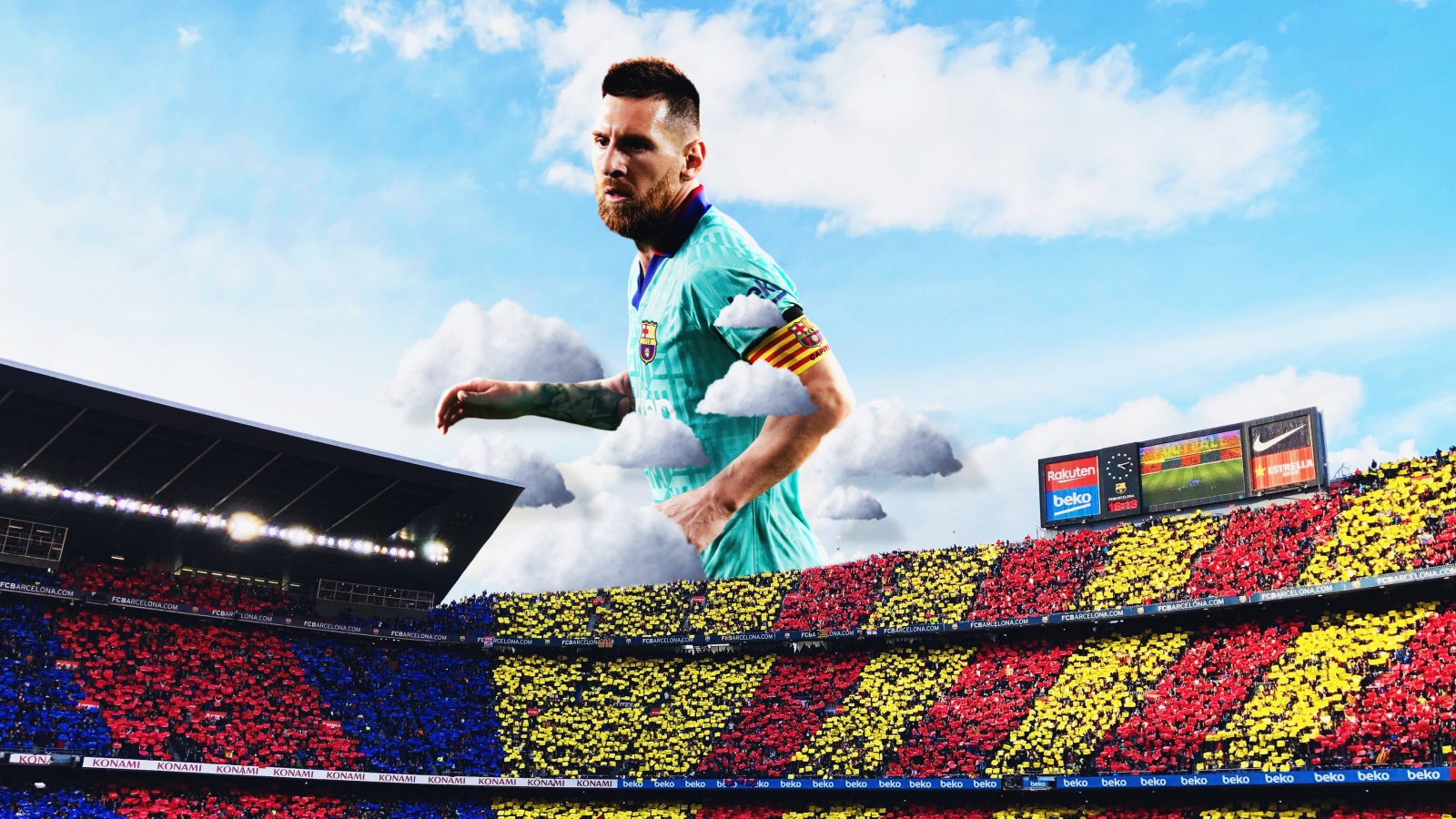 Футболист Лионель Месси в небе над футбольным полем