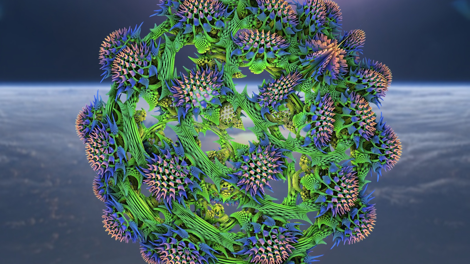 Большой колючий фрактальный цветок на сером фоне