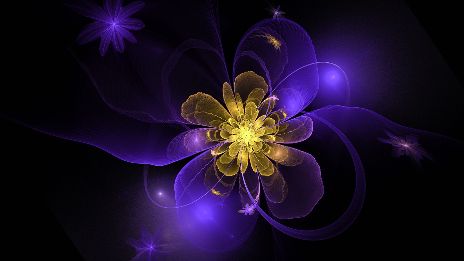 Purple fractal with yellow middle on black background