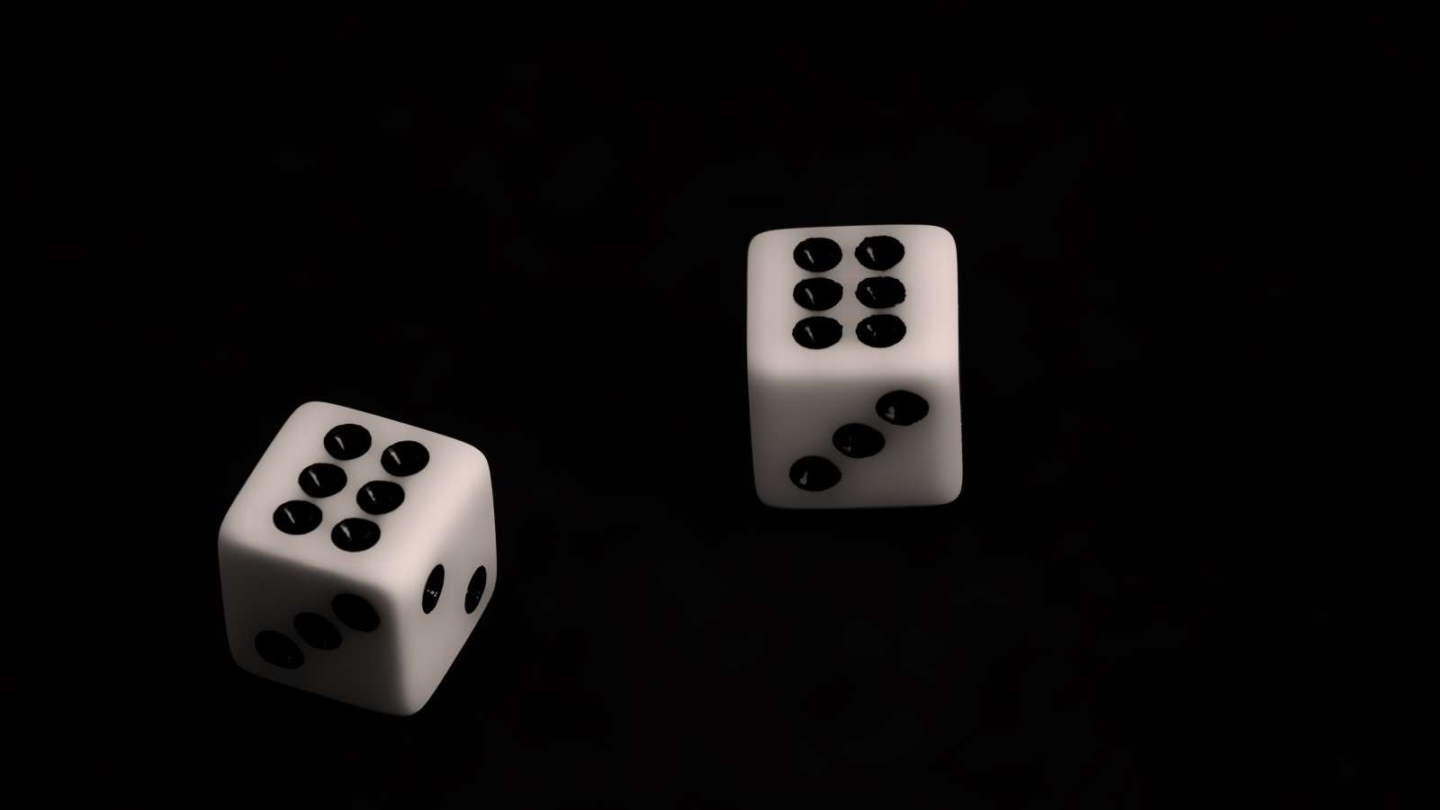 Две белые игральные кости с шестерками на черном фоне