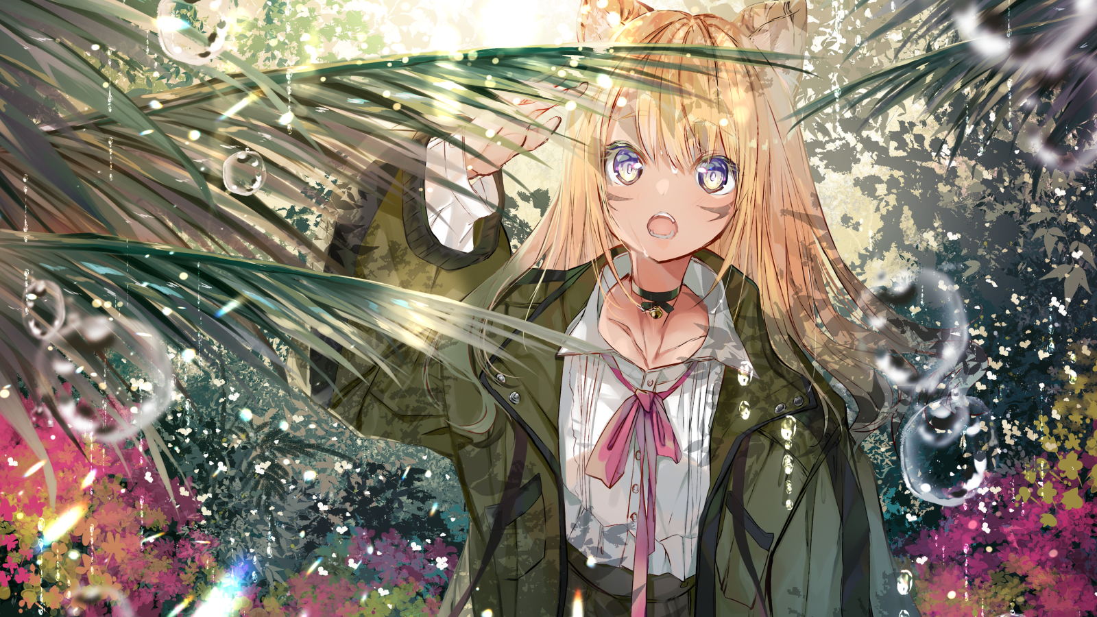 Аниме девушка в зеленых листьях папоротника