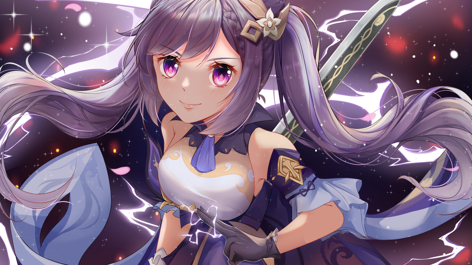 Девушка аниме с длинными сиреневыми волосами