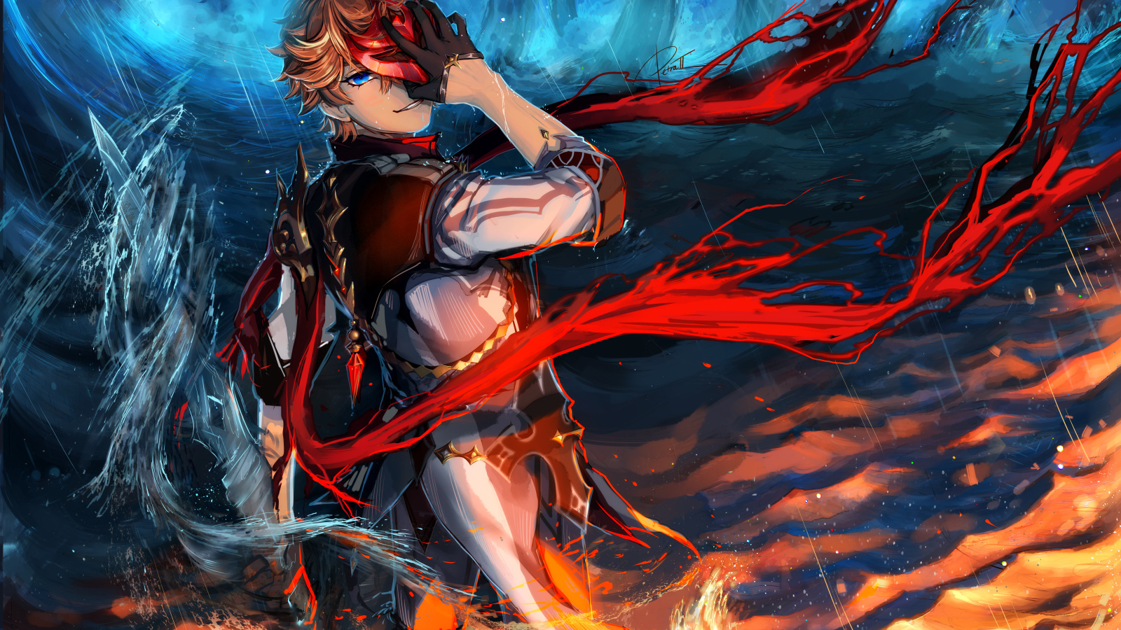 Мужчина аниме закрыл лицо рукой в воде