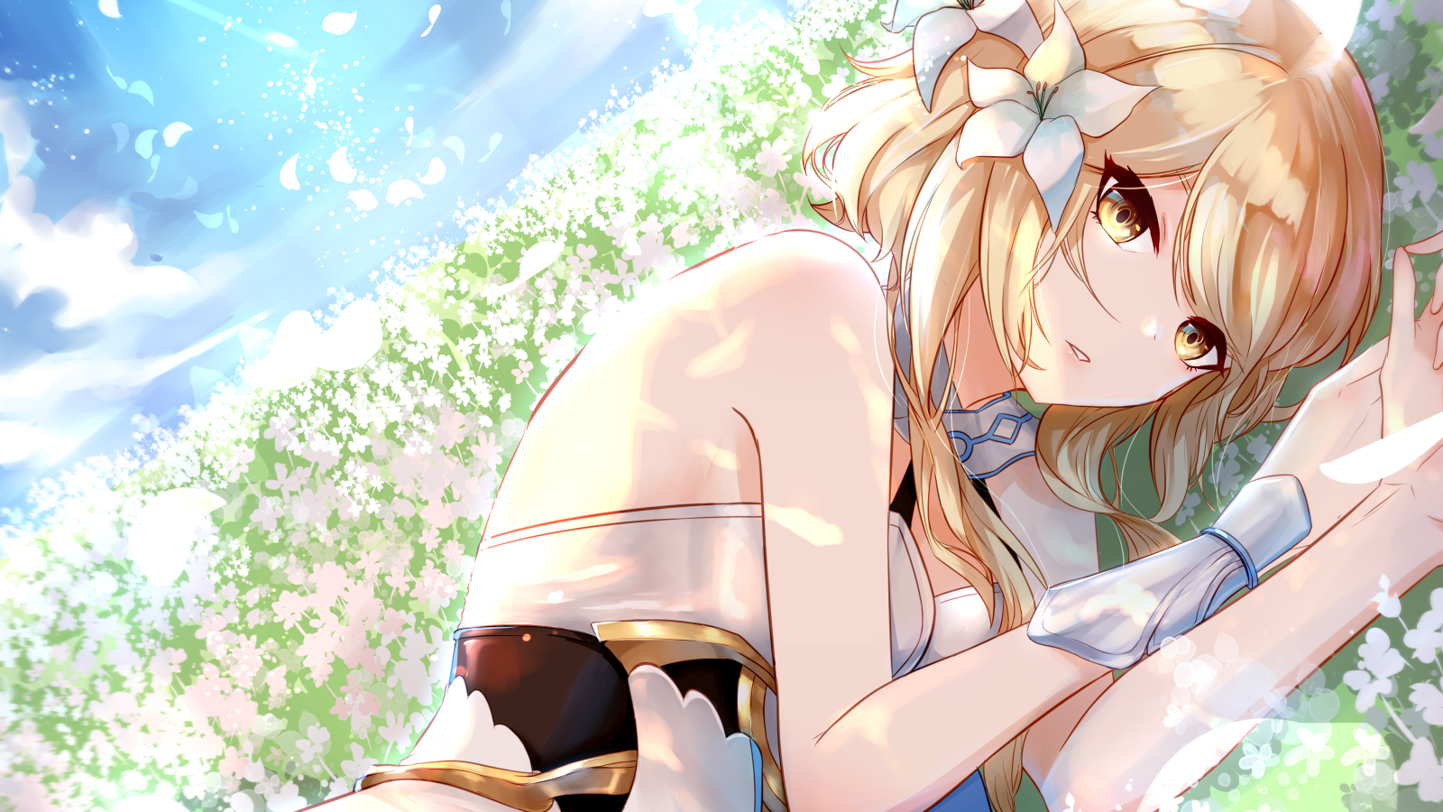 Красивая девушка аниме с цветами в волосах