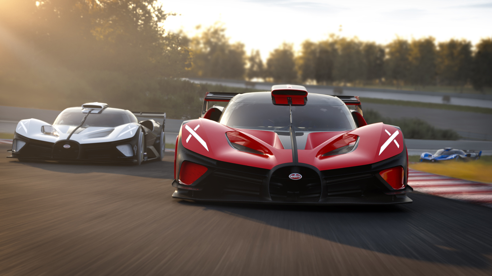 Красный Bugatti Bolide 2022  года на гоночной трассе