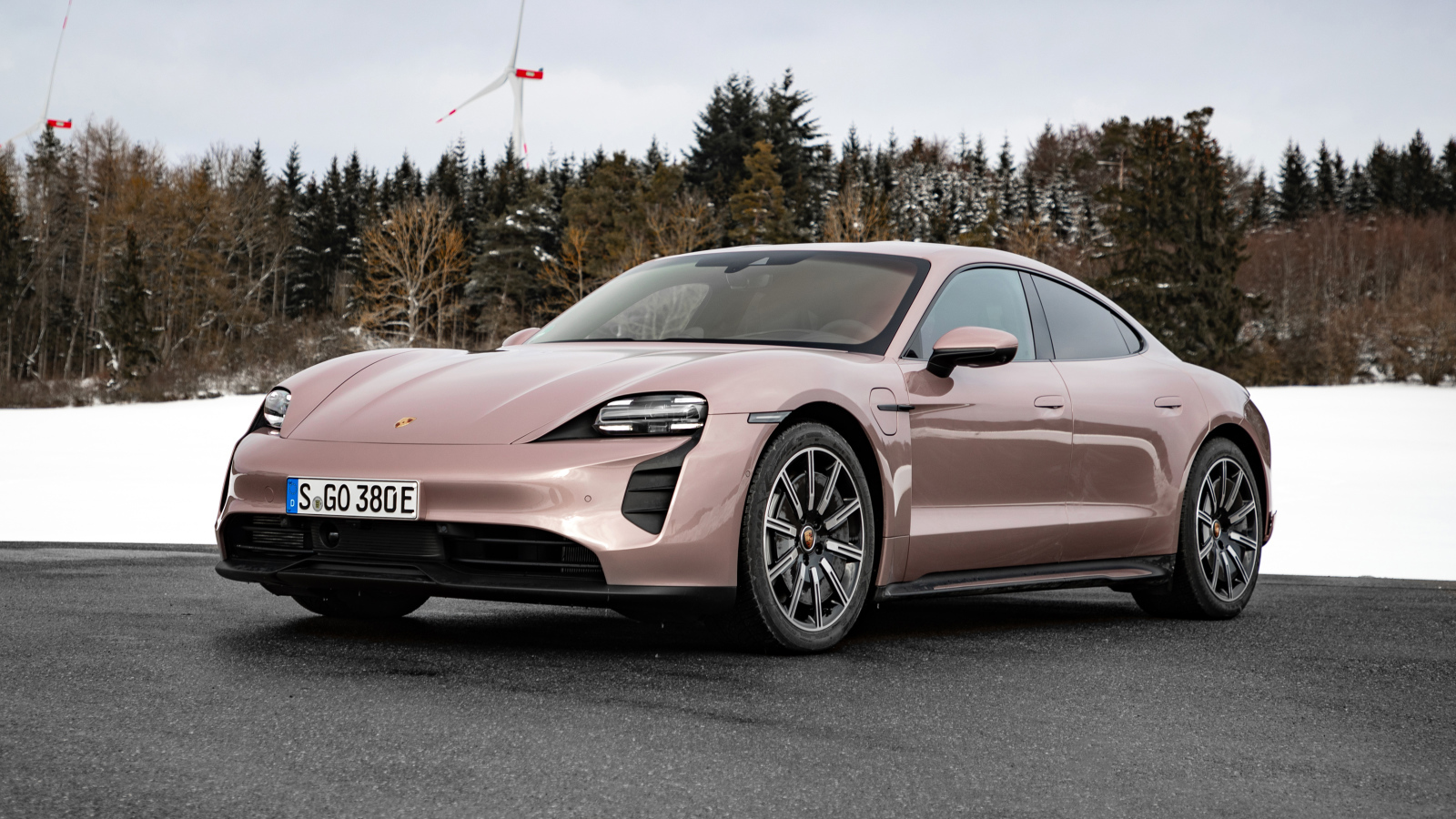 Автомобиль  Porsche Taycan 2021 года на фоне леса