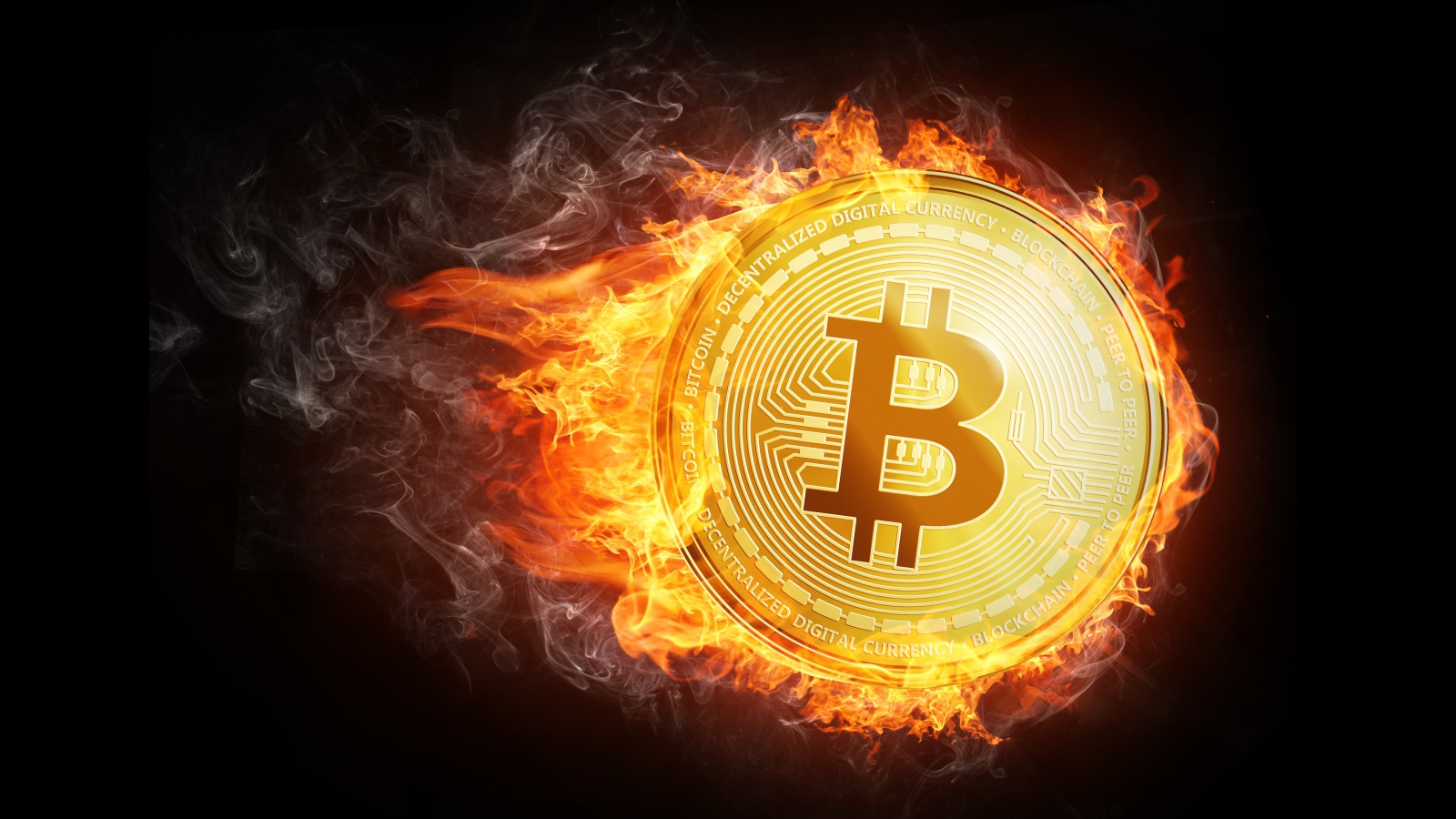 Flying fiery bitcoin coin on black background