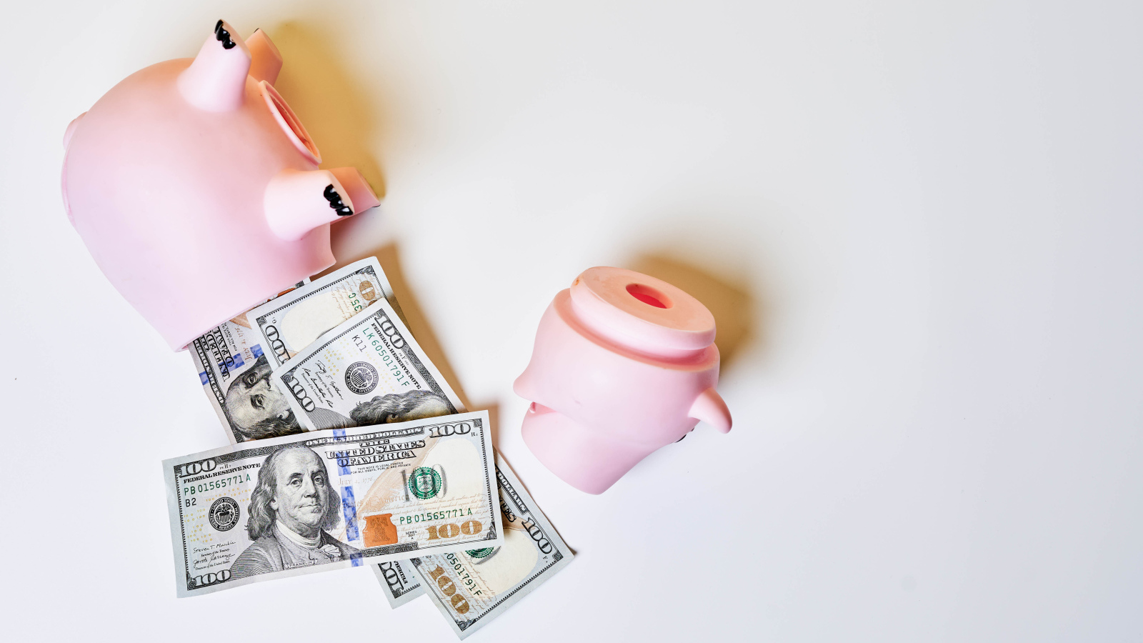 Свинья копилка с долларами на сером фоне 