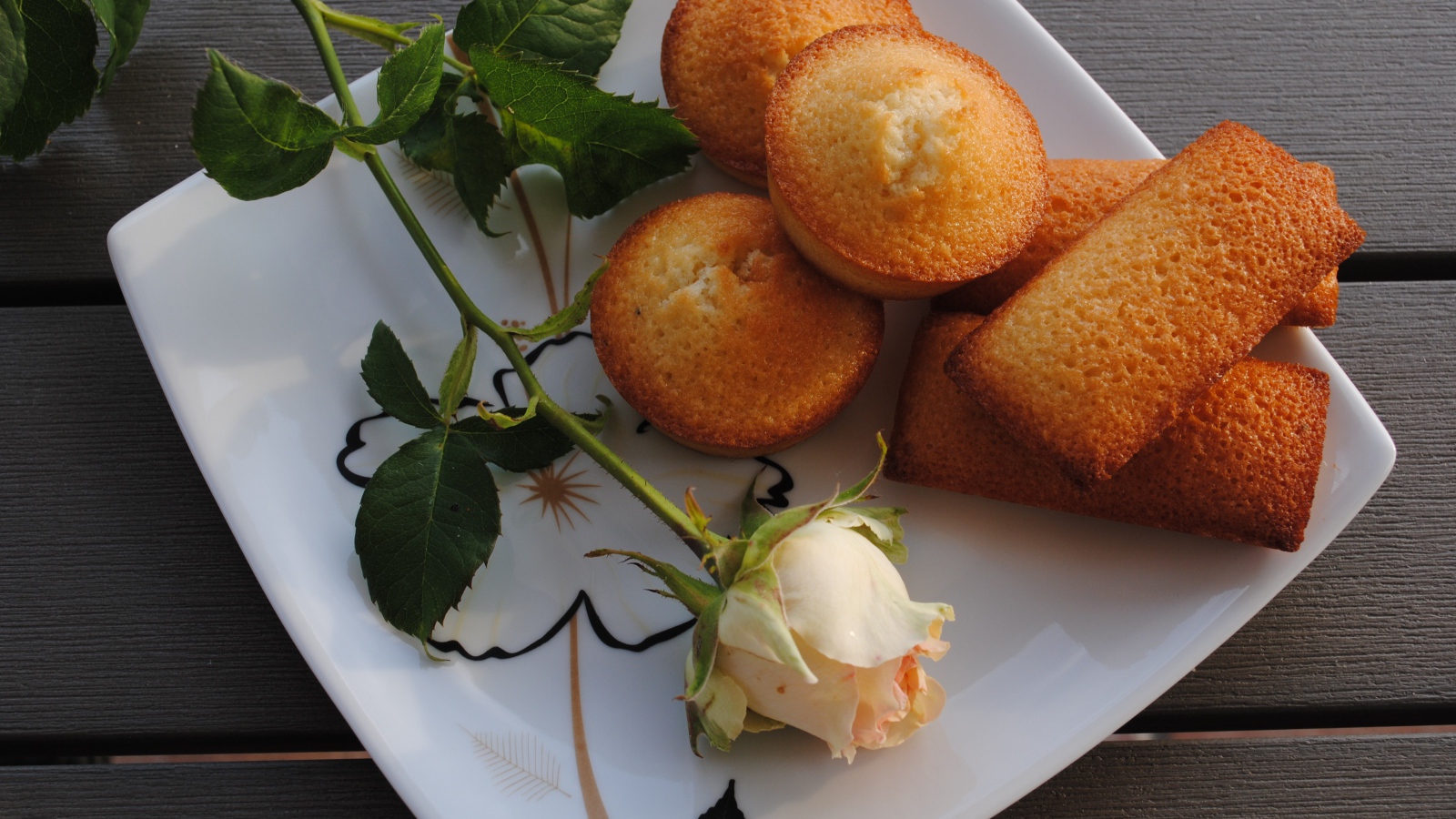 Свежие кексы на белой тарелке с розой