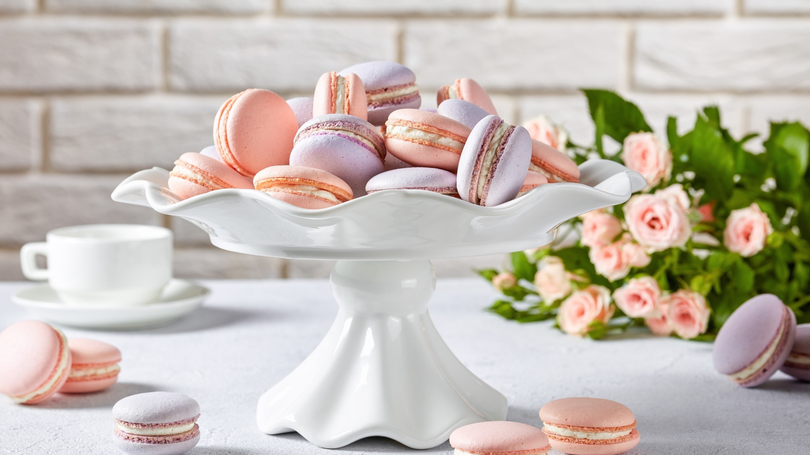 Розовое и сиреневое печенье макарун в белой вазе