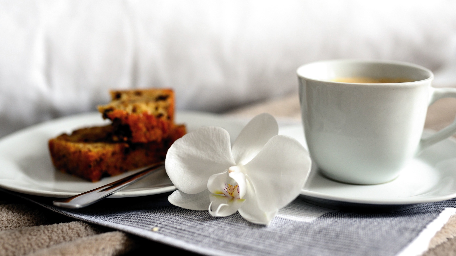 Cup of coffee on table with orchid flower and pieces of cupcake