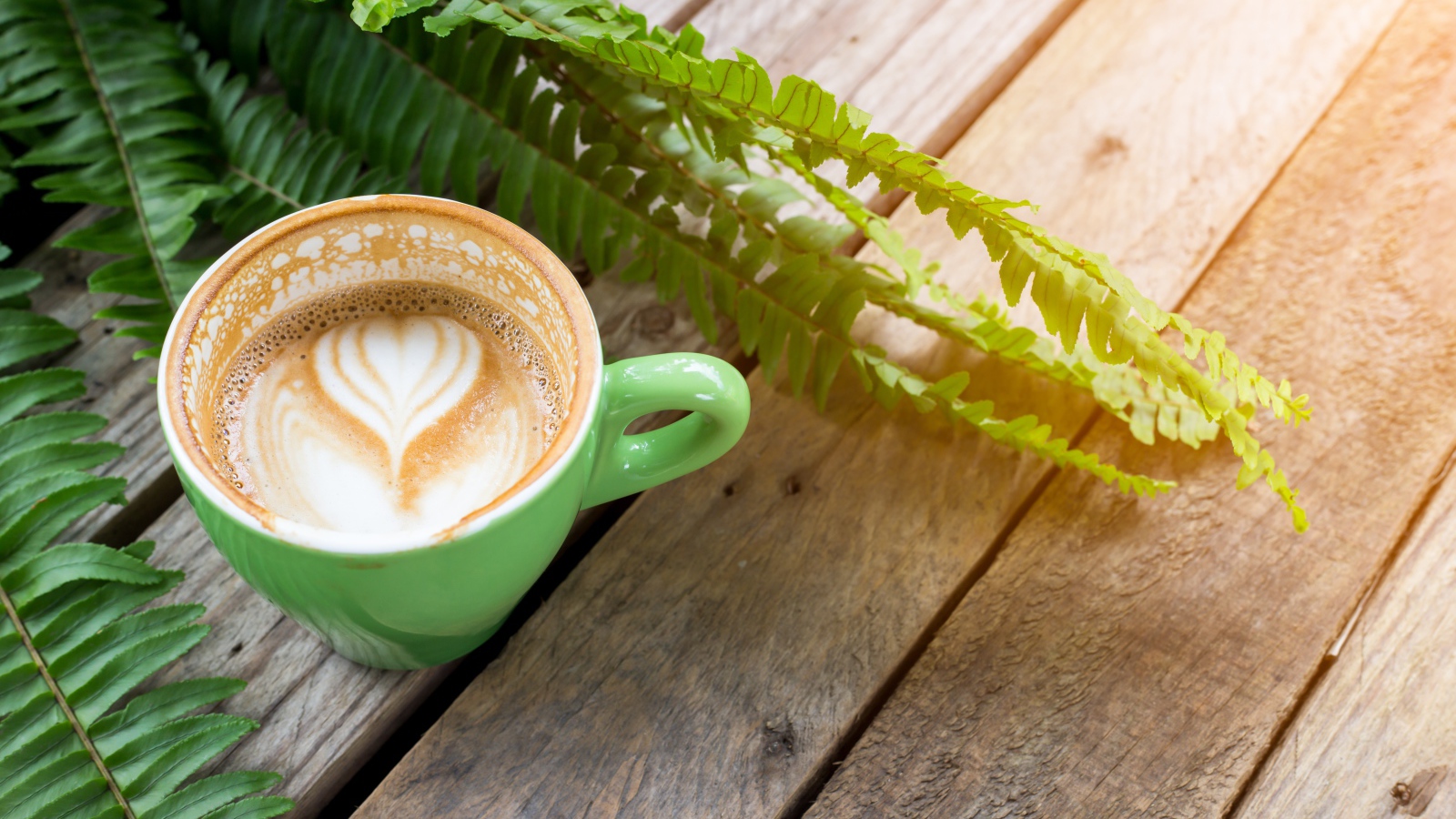 Чашка вкусного капучино  на столе с листьями папоротника