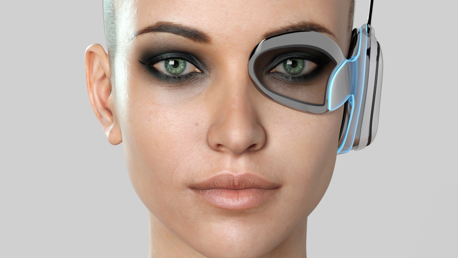 Лицо девушки киборга 3д на сером фоне 