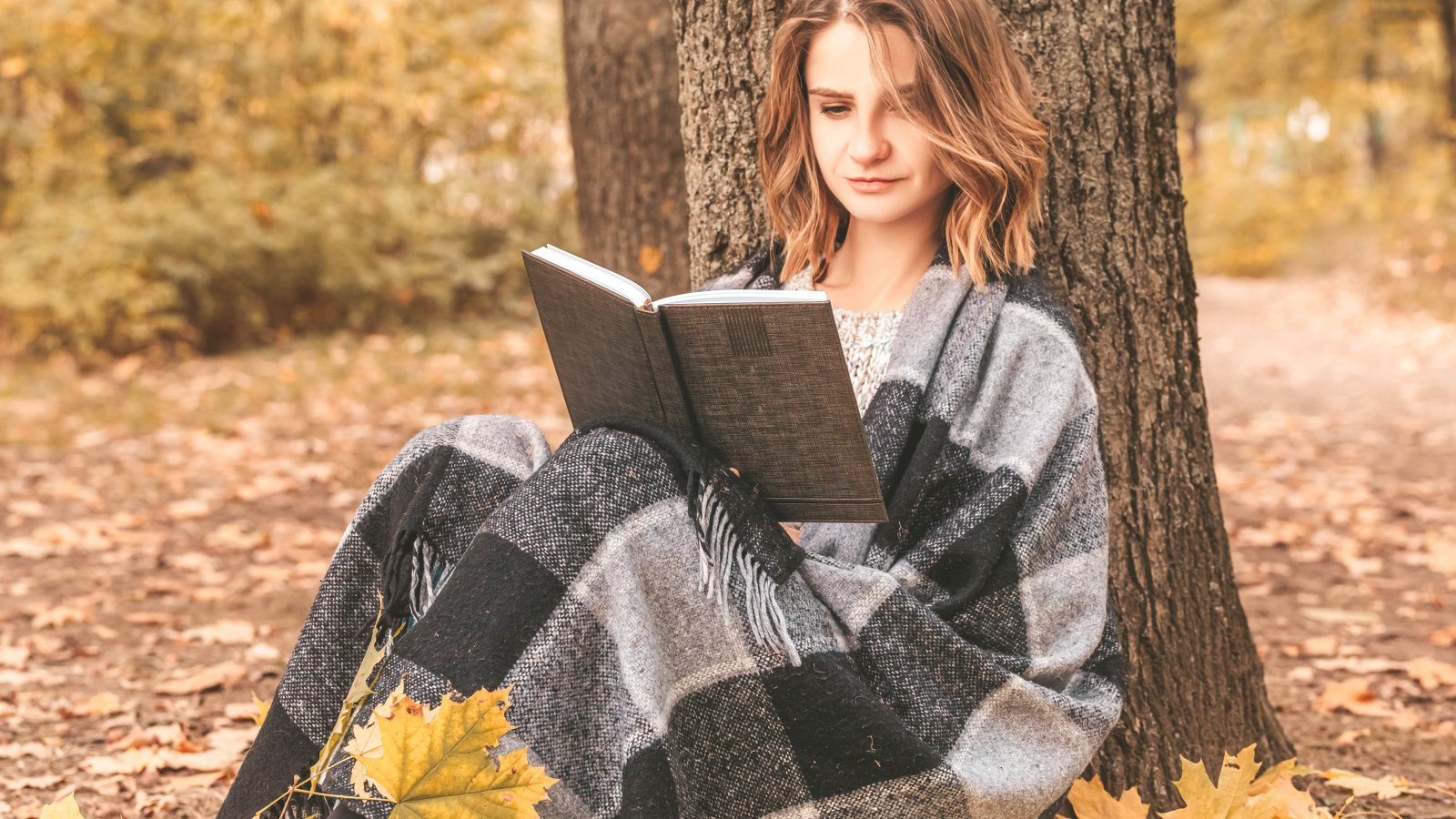 Девушка в пледе сидит с книгой под деревом
