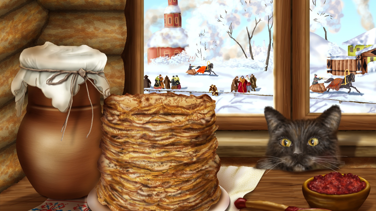 Кот сидит у стола с блинами на Масленицу