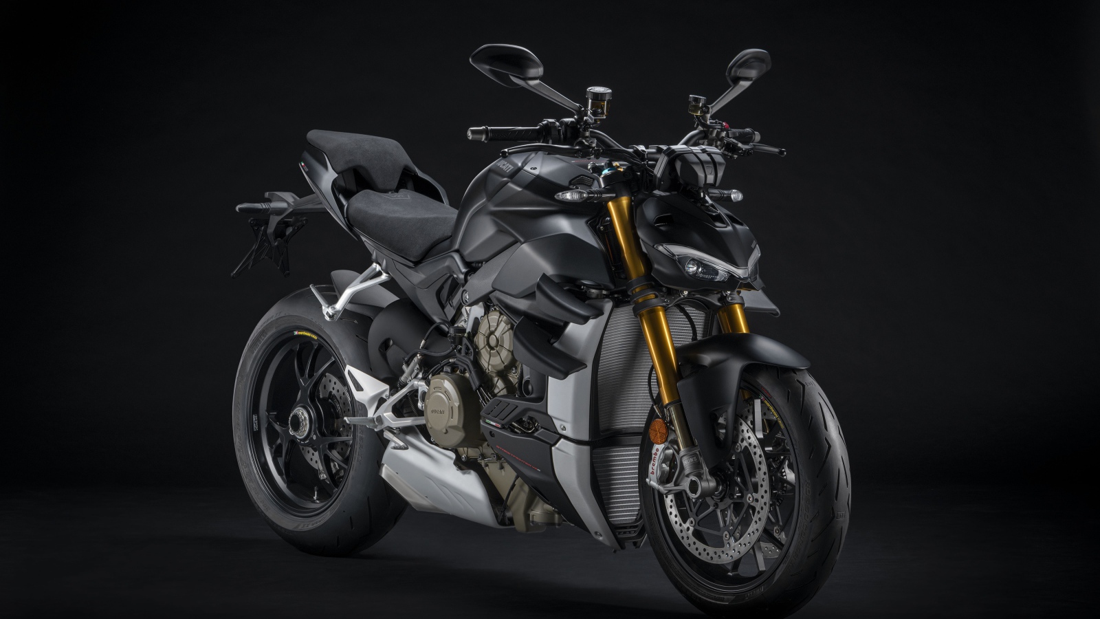 2021 Ducati V4 Streetfighter Black Motorcycle Against Gray Background
