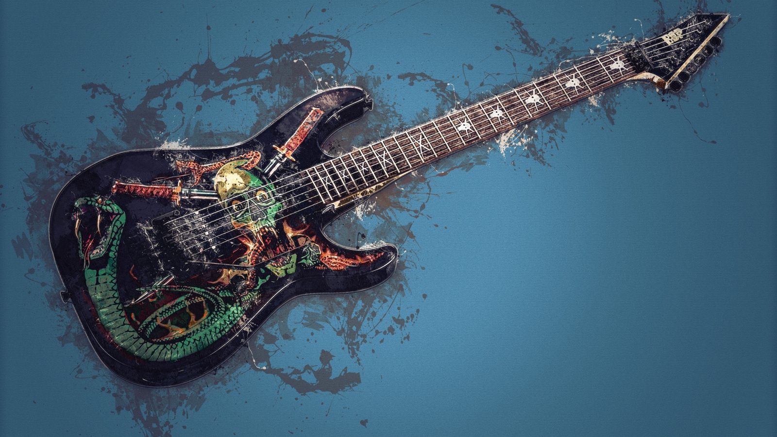 Электрогитара с рисунком на синем фоне