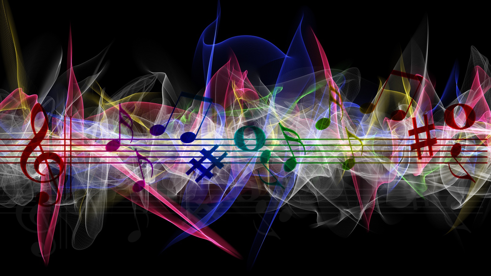 Нотный ряд с разноцветными волнами на черном фоне