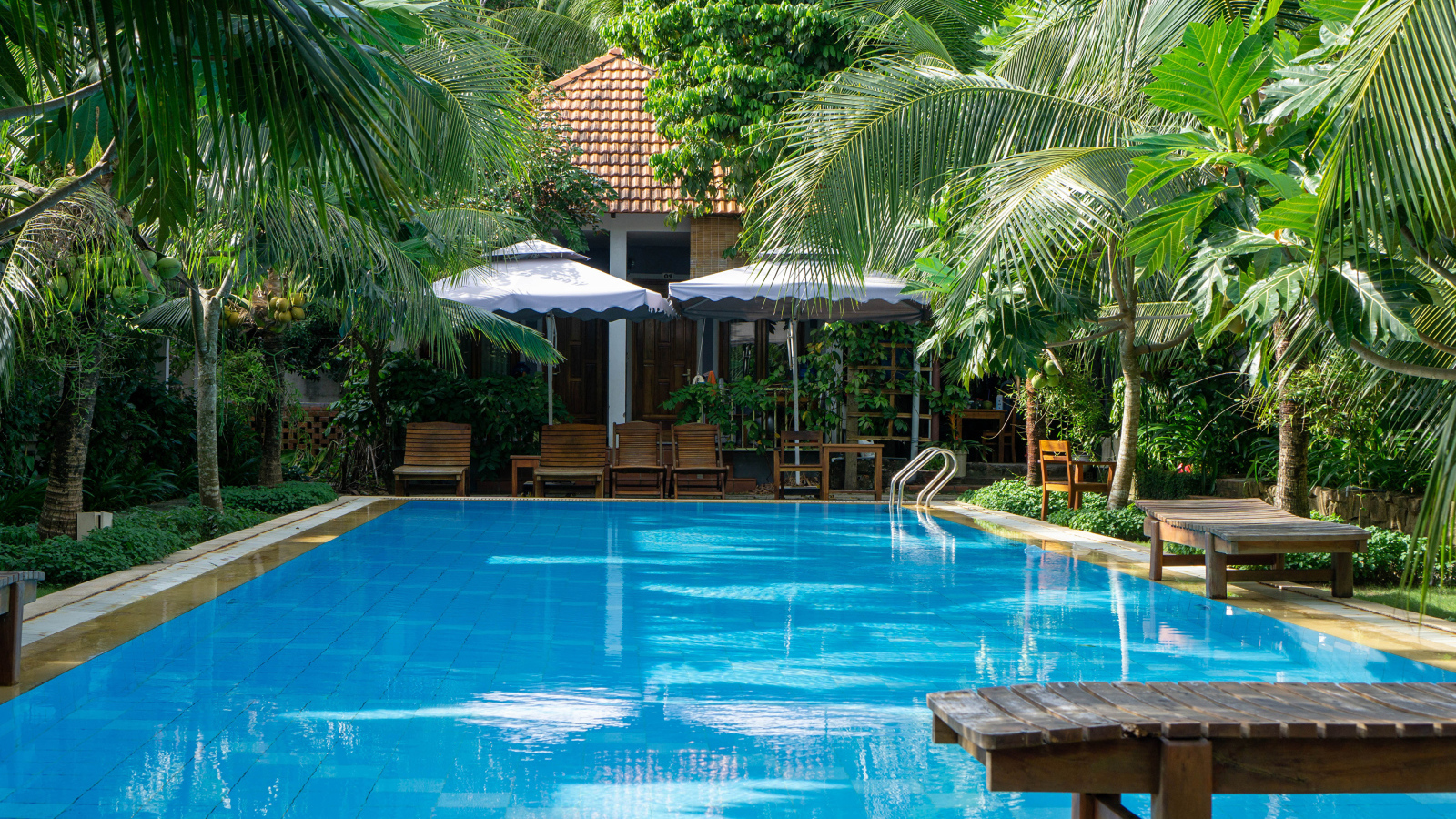 Бассейн с голубой водой у дома под пальмами