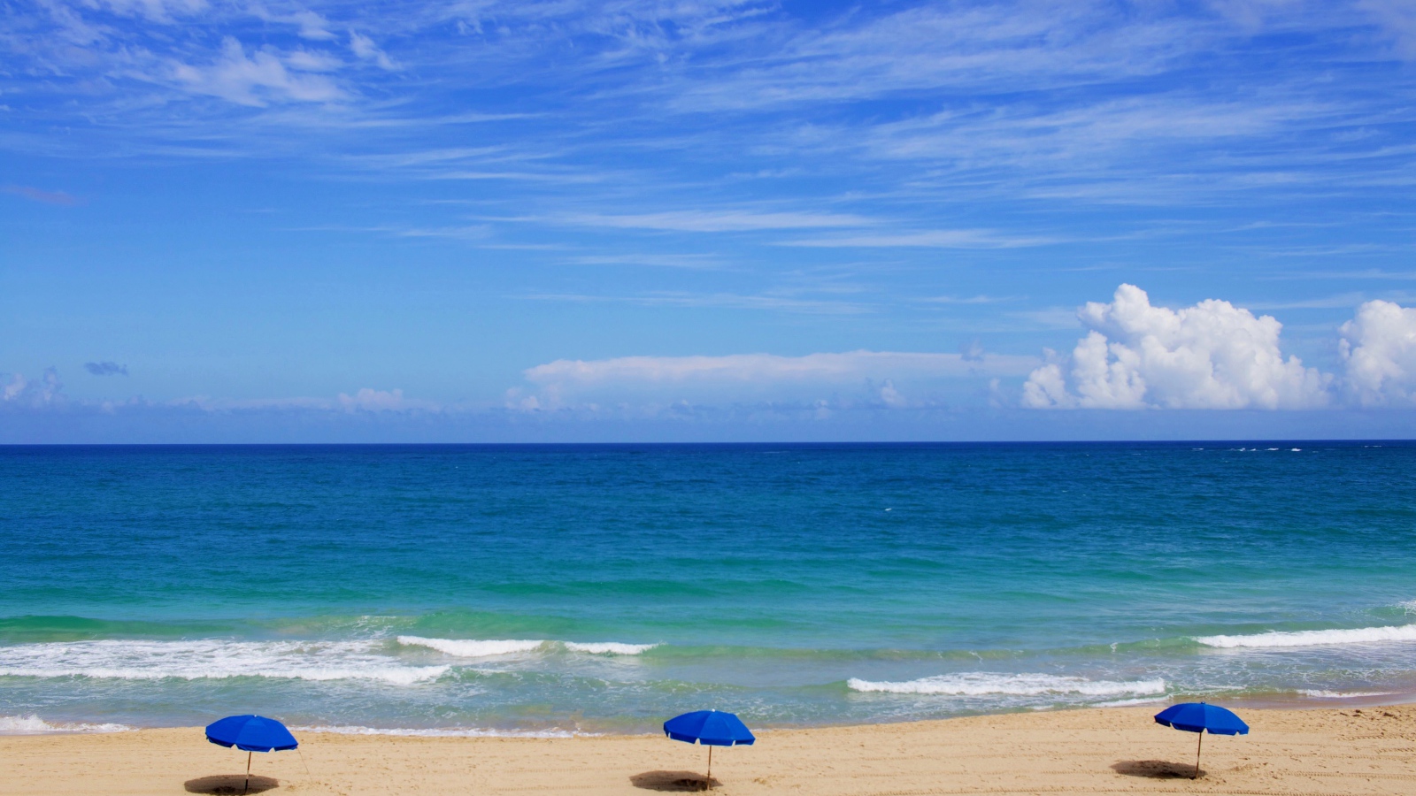 Зонтики на пляже у океана под голубым небом летом