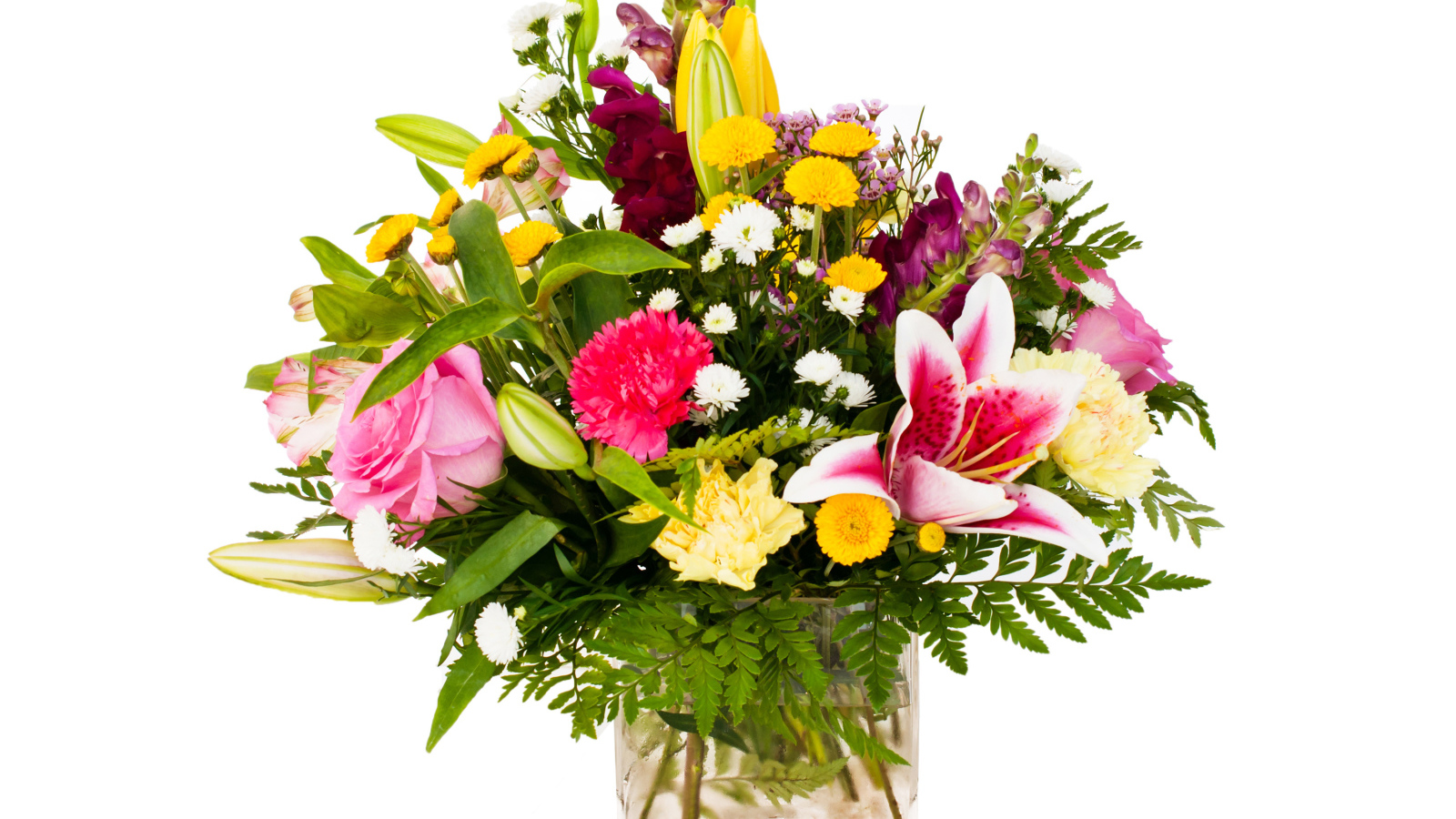 Красивый букет в стеклянной вазе на белом фоне