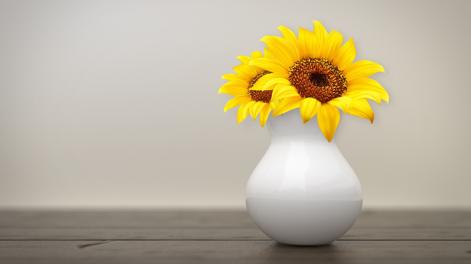Два цветка подсолнуха в белой вазе на фоне стены