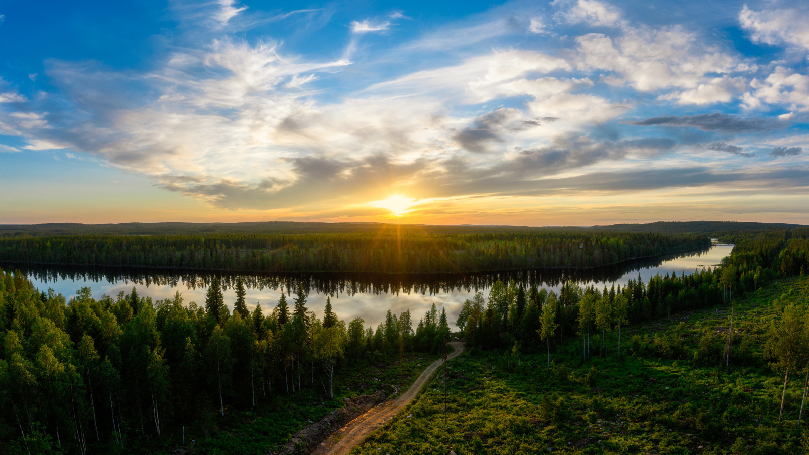 Рассвет яркого солнца над зеленым лесом и рекой