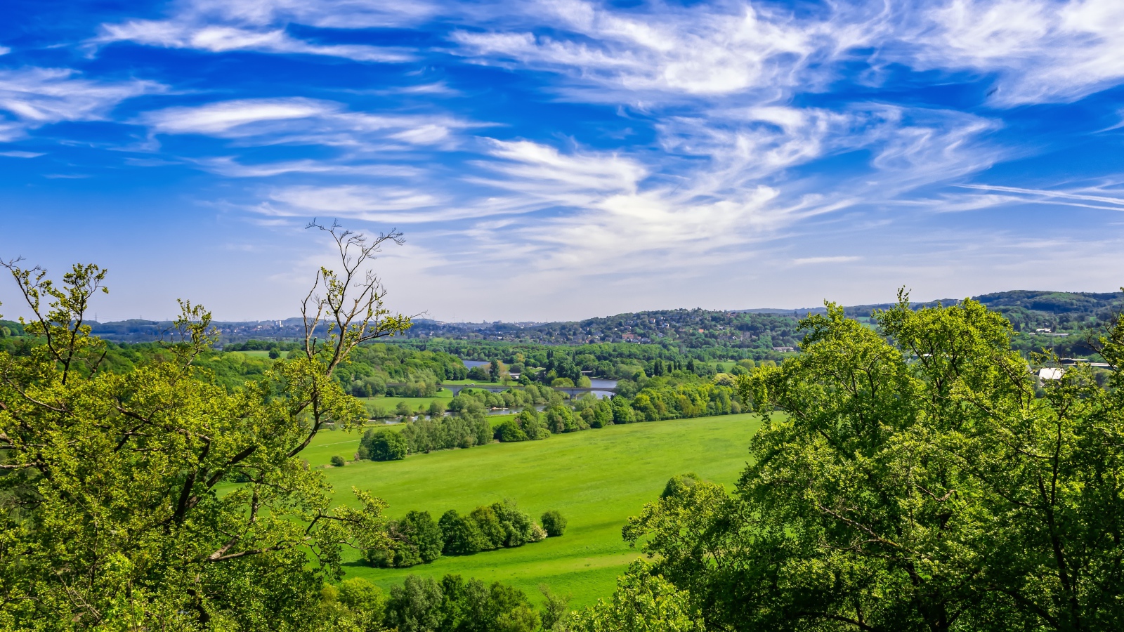 Красивый вид на зеленые холмы под голубым небом летом