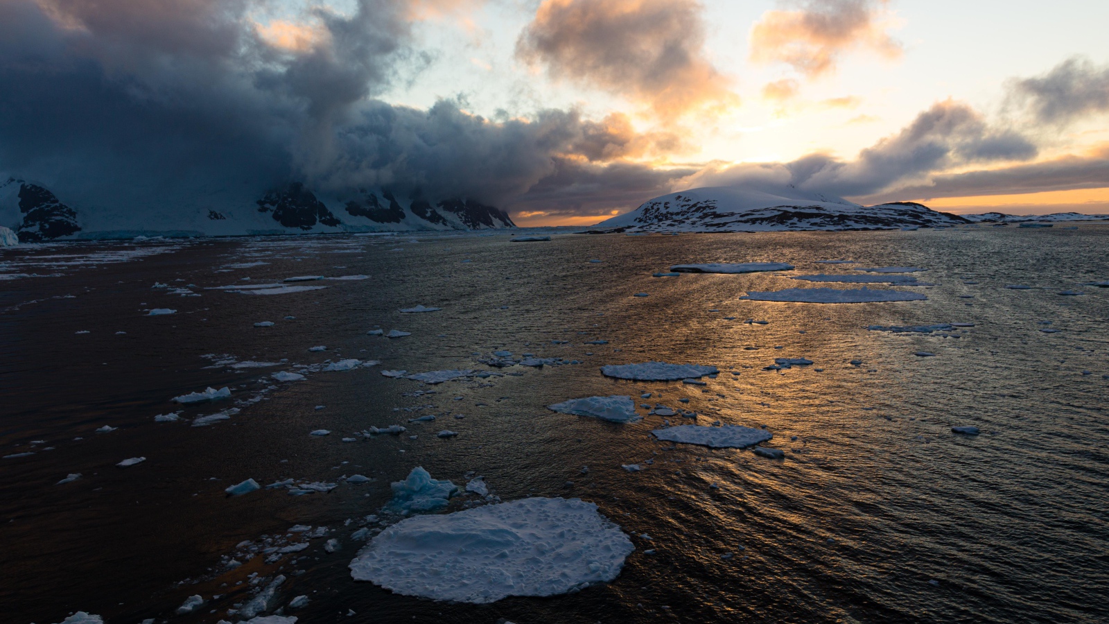 Льдины в воде у покрытых снегом гор в тумане
