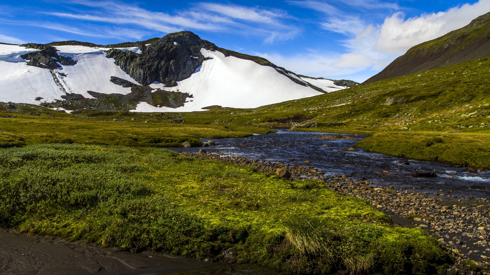 Горная река стекает с заснеженных гор 