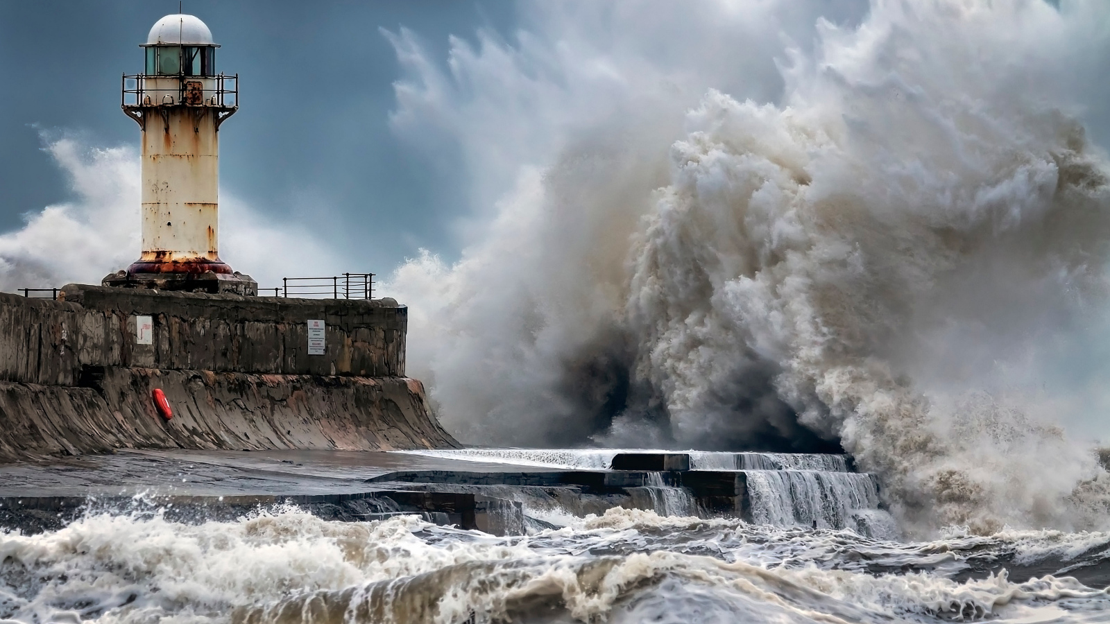 Штормовые волны бьются о маяк 