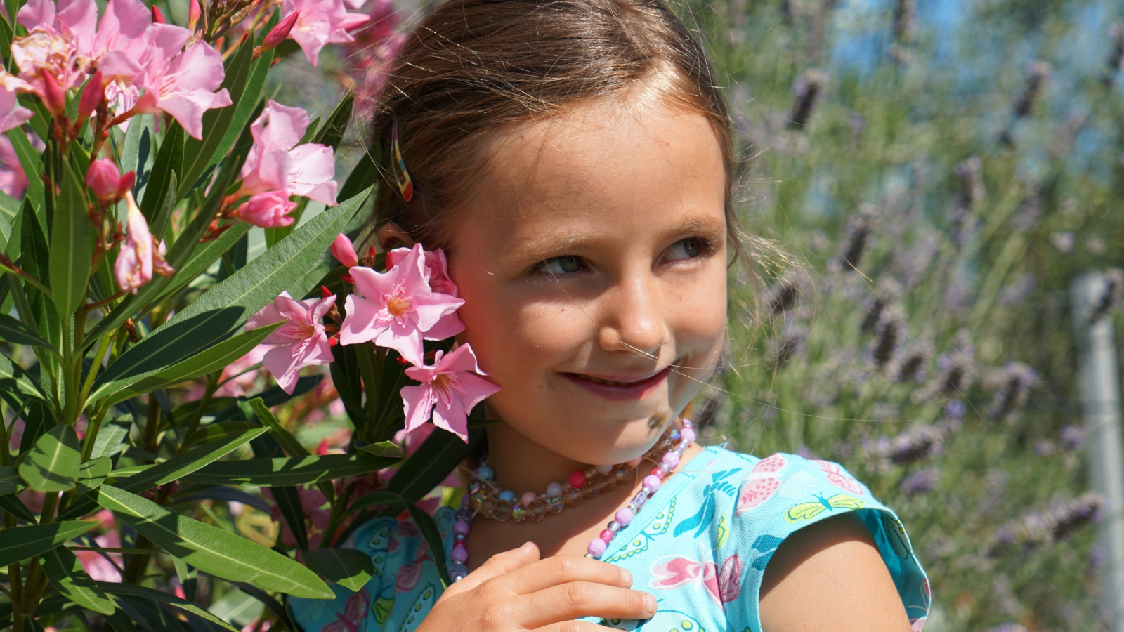 Маленькая девочка стоит у растения с розовыми цветами 