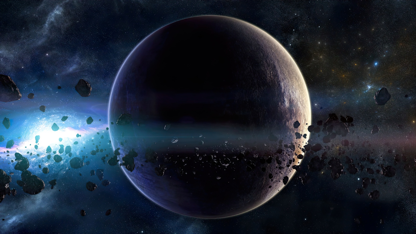 Большая планета с астероидами в космосе