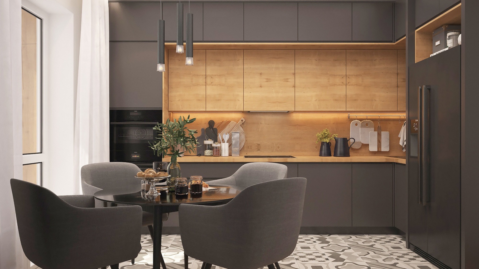 Серая кухня с деревянными вставками 