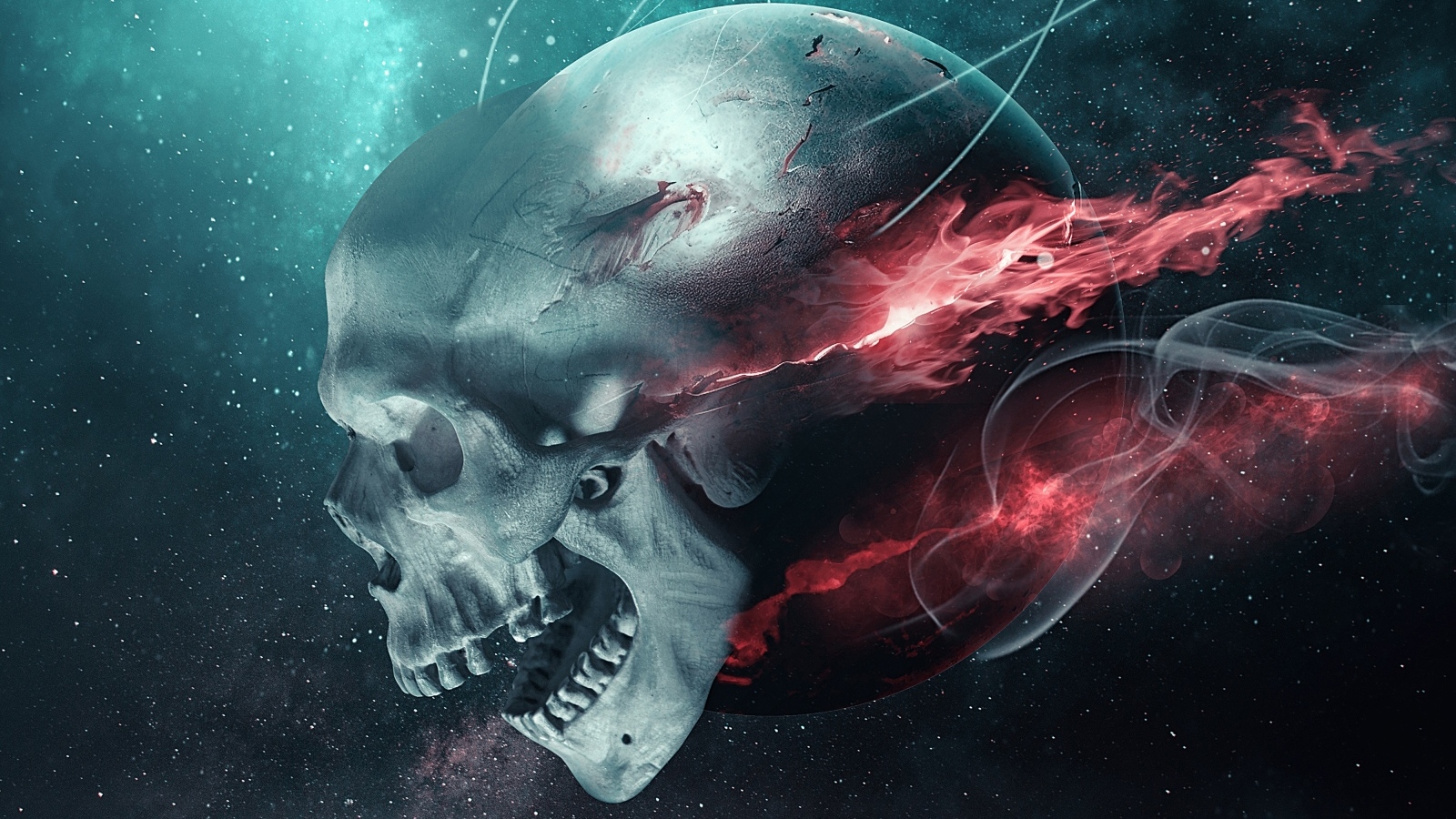 Летящий череп с огненной планетой