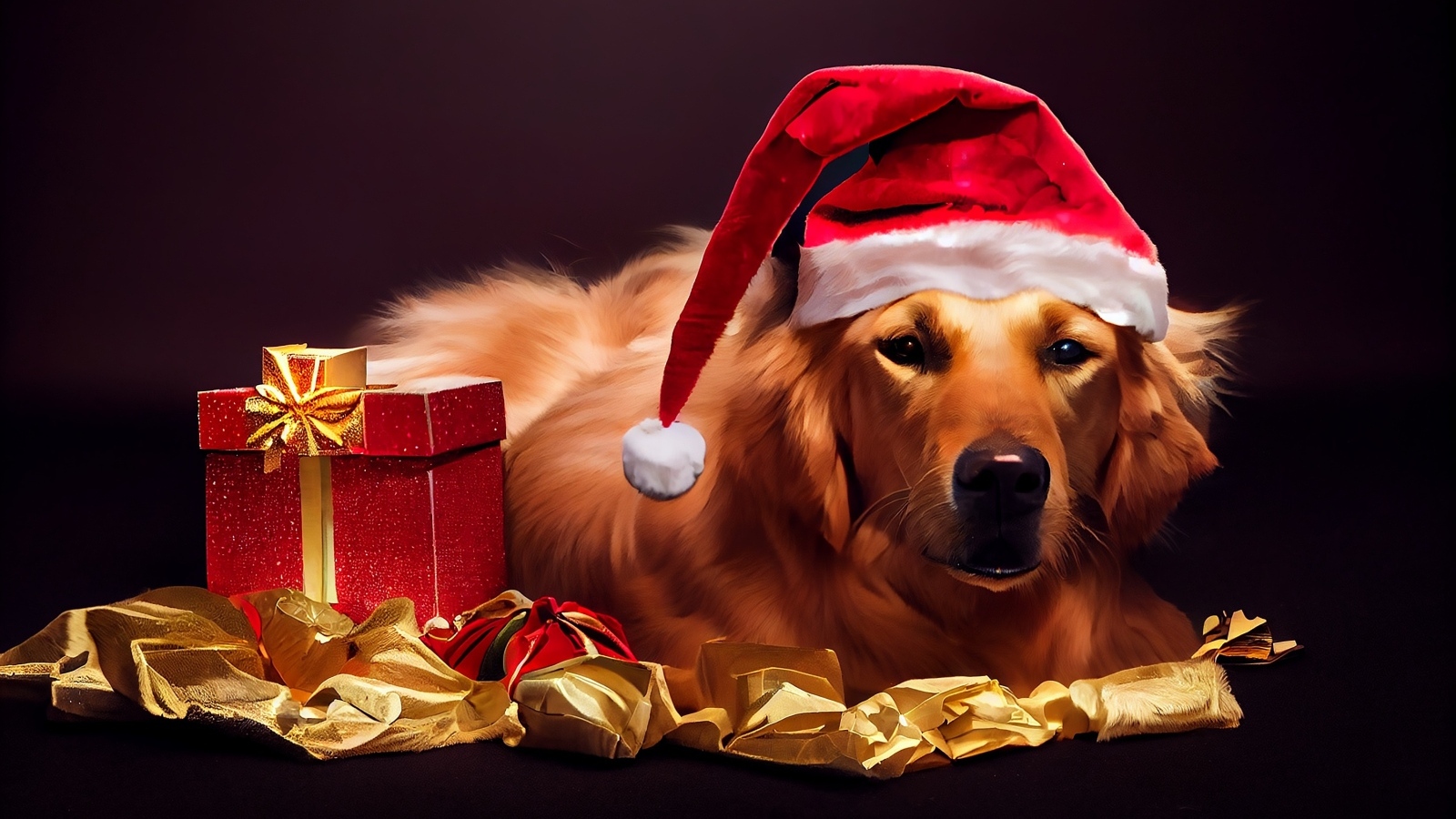 Золотистый ретривер в новогодней шапке с подарком