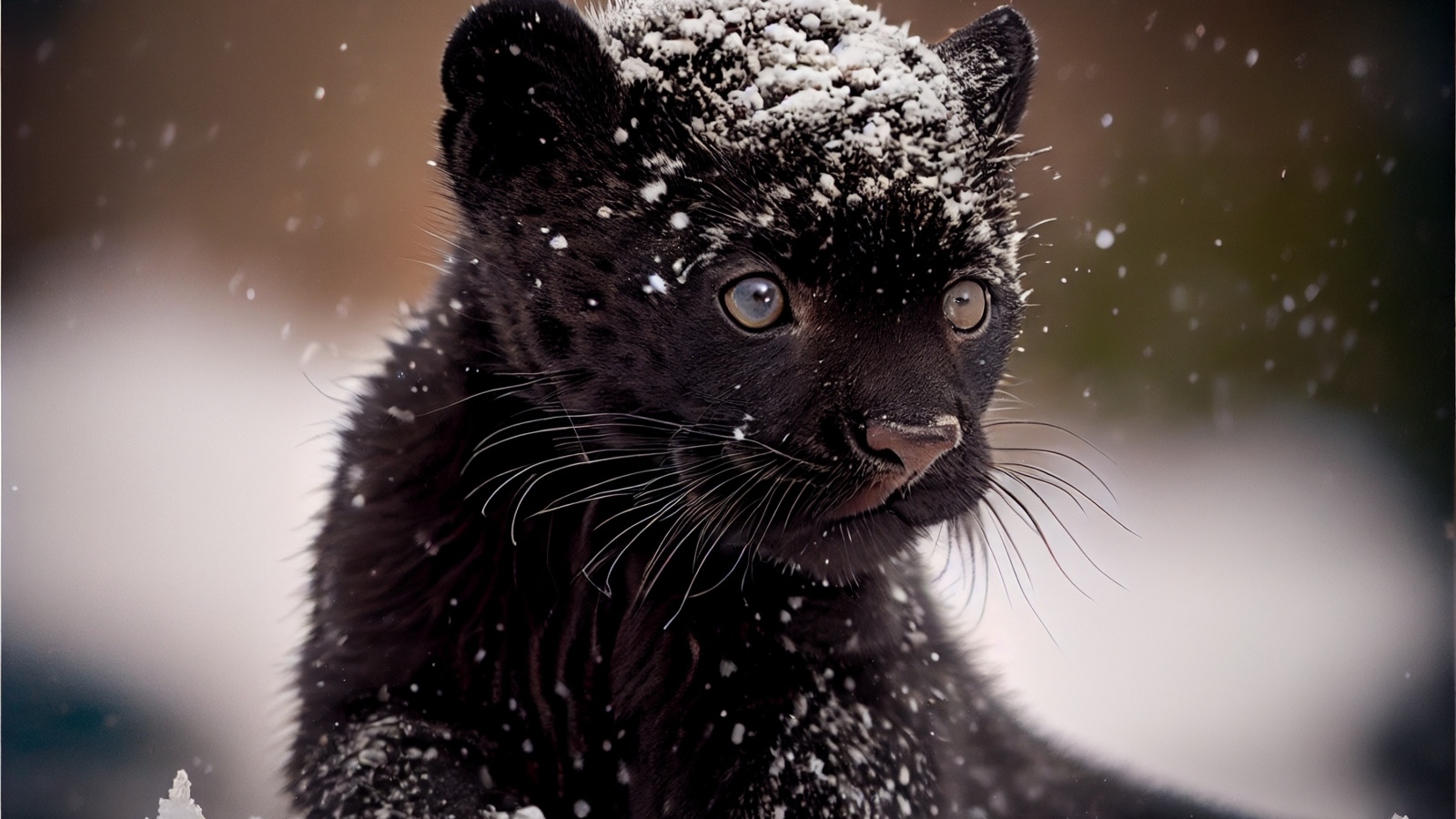 Маленький черный детеныш пантеры в снегу