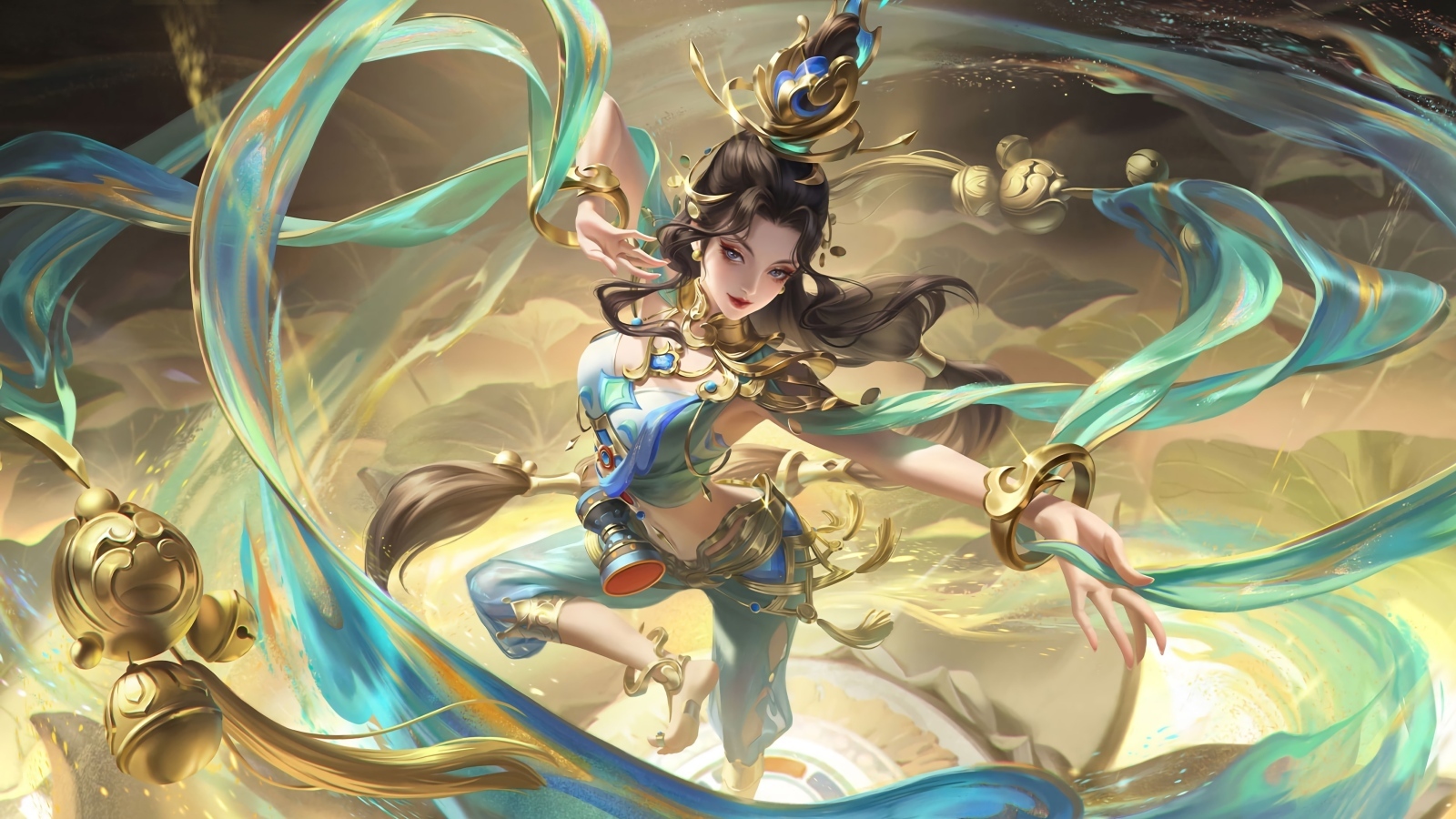 Девушка аниме танцует с голубыми лентами