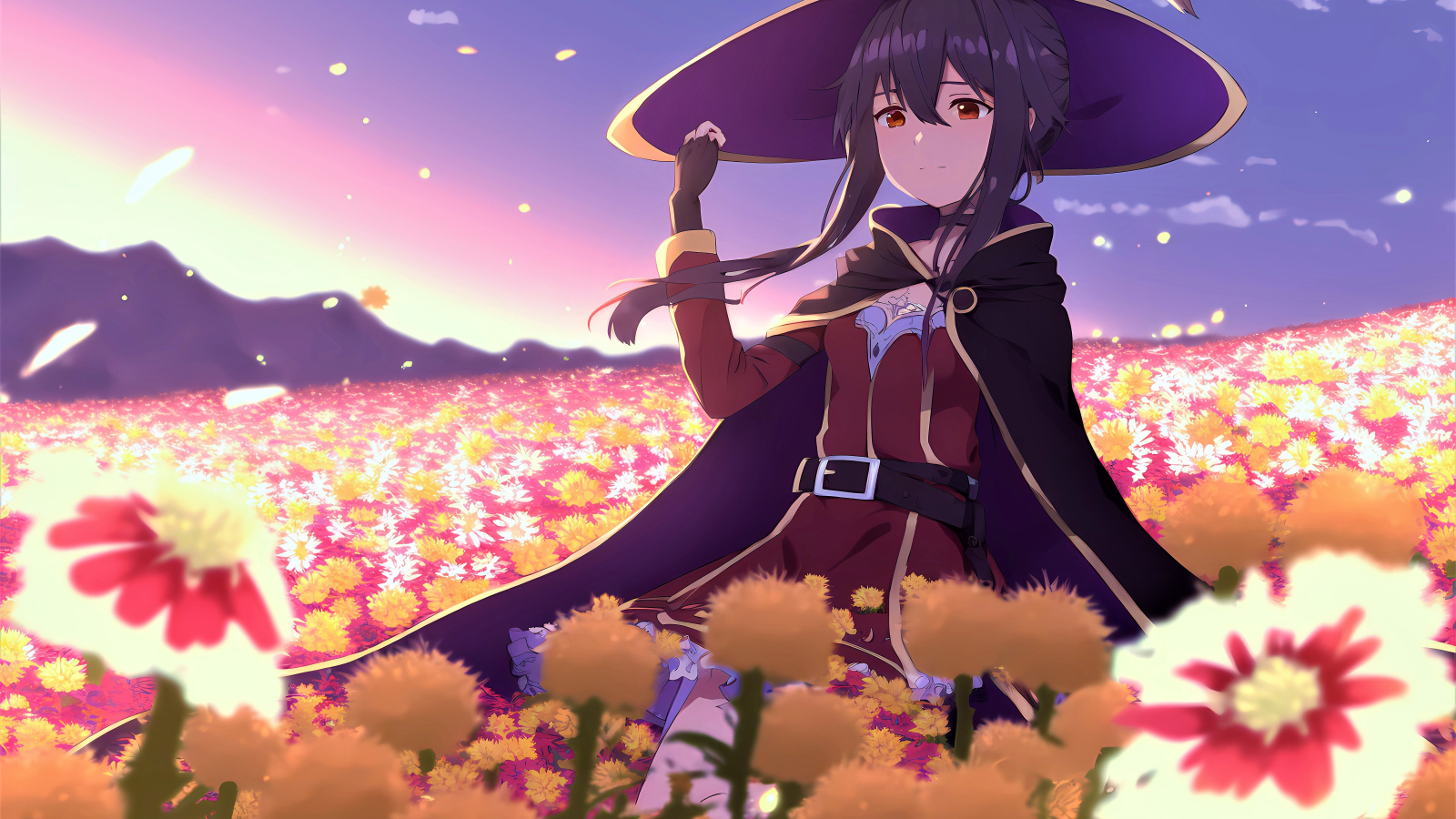 Девушка аниме в костюме на поле с цветами